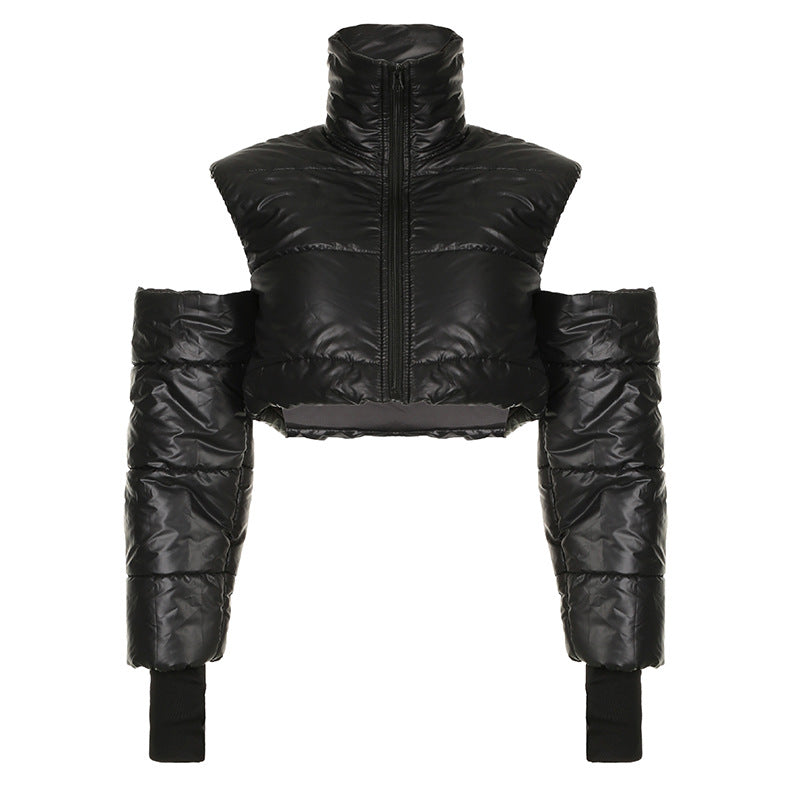 Winter Cotton Coat Jacket Mechanical Personality Hollow Out Cutout Stand Collar Zipper Short Cardigan Cotton Jacket