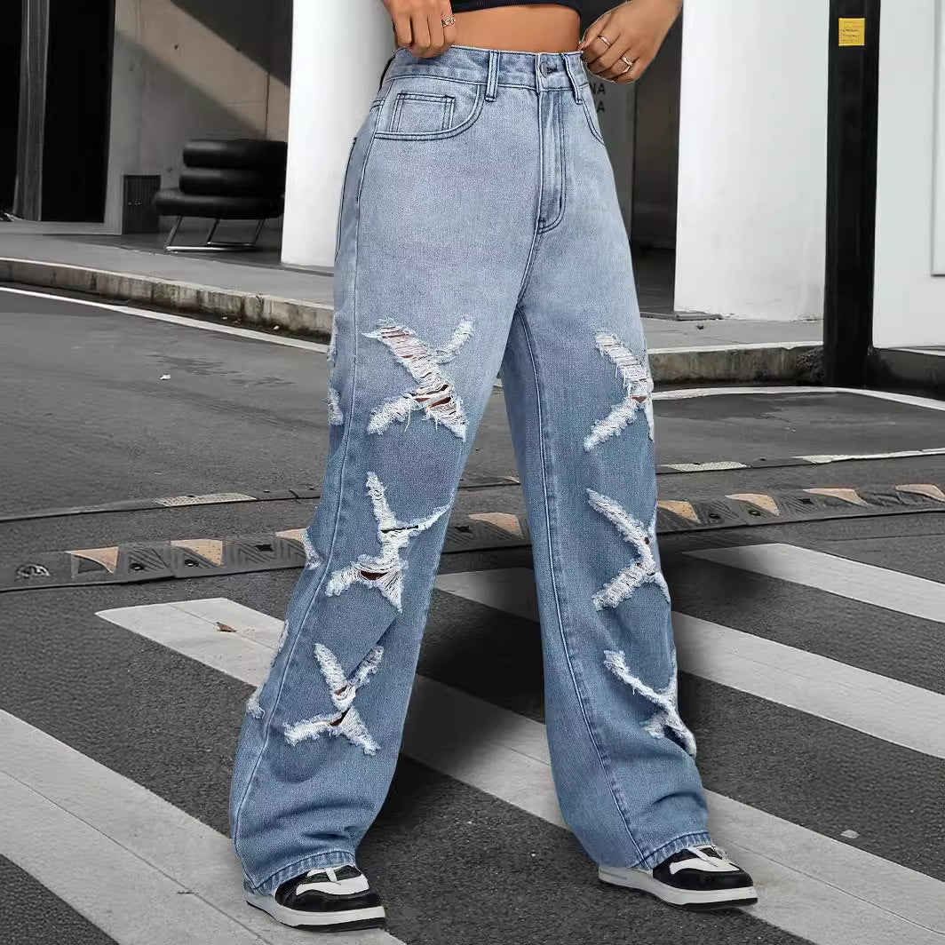 Straight Pants Water Washed Hole Wide Leg Pants Jeans Women