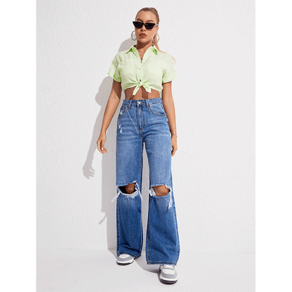 Denim Washed Women Casual Ripped Jeans Loose High Waist Wide Leg Trousers