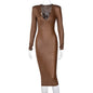 Faux Leather V-neck Long Sleeve Elegant Dress Women