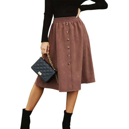 Women Clothing Autumn Button Swing A line Elastic Waist Skirt