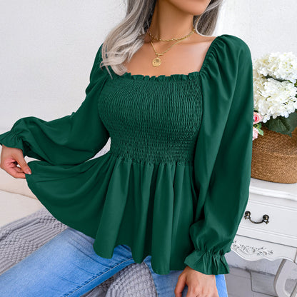 Spring Summer Casual Wooden Ear Square Collar Long Sleeve Chiffon Shirt Women Clothing