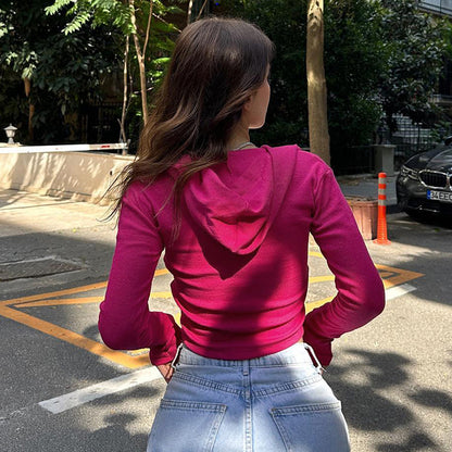 Casual Solid Color Hooded Zip Cardigan Short Cropped Top Coat Sexy Women Clothing Autumn