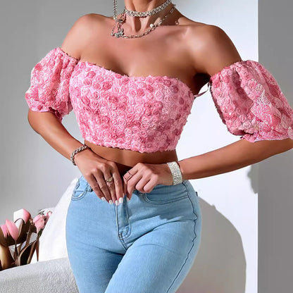 Summer Sexy Socialite Women Clothes Special Decoration off the Shoulder Short Sleeve Embroidered Vest Tube Top