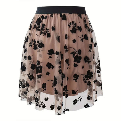 Women Clothing Spring Skirt Flocking Net Yarn Floral A Swing Short Skirt