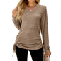 Autumn Winter Solid Color Long Sleeve V neck Pleating Loose itting T shirt Top Ladies