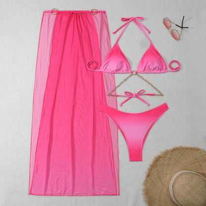 Gradient Mesh Maxi Dress Drawstring Banded Bikini Bikini Three Piece Swimsuit