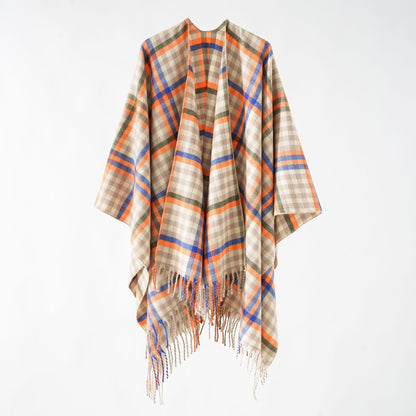 Plaid Autumn Winter Outerwear Cape Shawl Warm Cashmere like Tassel Scarf for Women