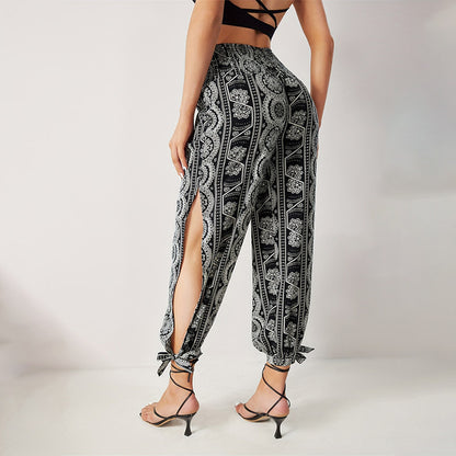 Loose Office Elegant Printed Hem Slit Trousers Women Wide Leg Ankle Banded Pants Women Pants