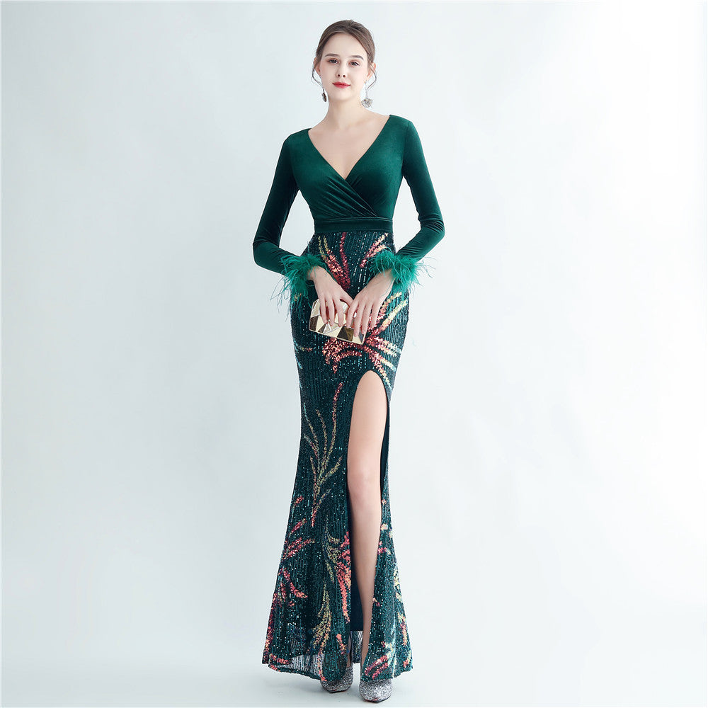 Craft Ostrich Feather Sequin Velvet Side Slit Long Sleeve Evening Dress