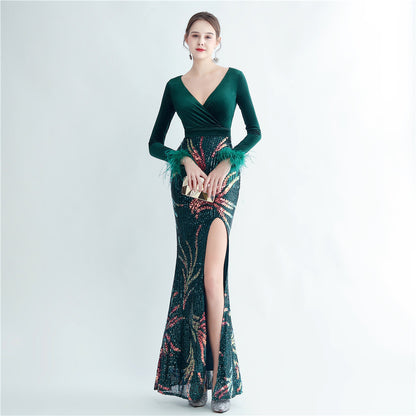 Craft Ostrich Feather Sequin Velvet Side Slit Long Sleeve Evening Dress