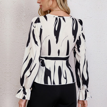 Graceful Fashionable Spring Black White Art Print Loose Tied Long Sleeve Shirt Top