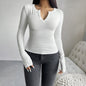 Autumn Winter Coat Women Clothing Elegant Slim Fit V Neck Buttons Long Sleeve T Shirt