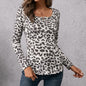 Casual Leopard Print Square Collar Long Sleeve T Shirt Printing Slim Fit Slimming Top Women