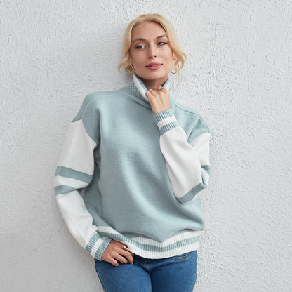 Color Matching Pullover Women Long Sleeve Turtleneck Sweater Coat Autumn Winter Women Sweater