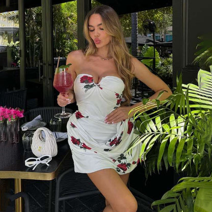 Women Clothing Summer Rose Printed V neck Elegant Backless Tube Top Package Hip Dress Women