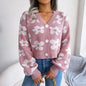 Fall Winter Contrast Color Floral Lantern Sleeve Cardigan Sweater Coat Women Clothing