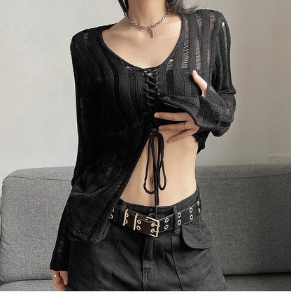 Autumn Thin Sexy Sexy Hollow Out Cutout Out V Neck Loose Long Sleeve Knitted Sweater