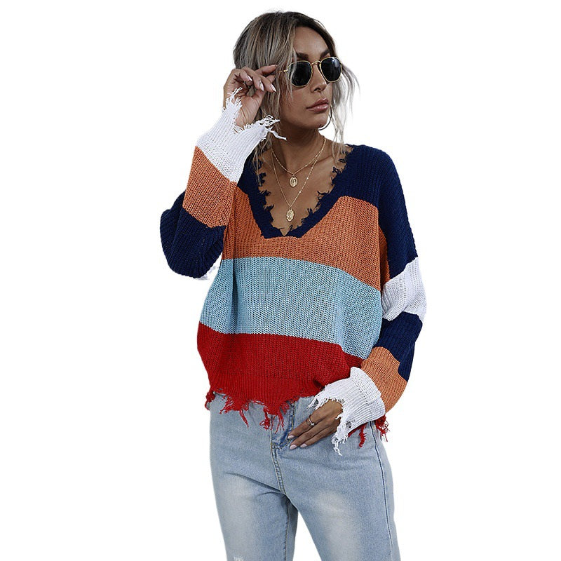 Fall Women Clothing Top V Neck Pullover Sweater Europe Striped Stitching Sweater