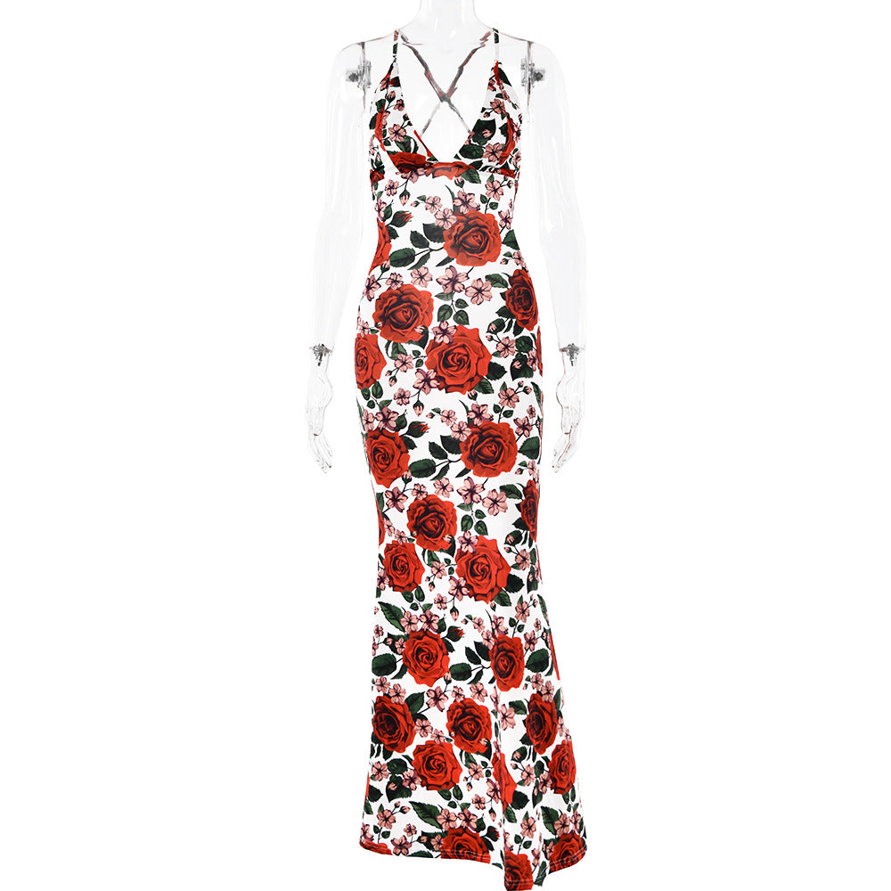 Summer Spaghetti Straps Sleeveless Dress Sexy Printed Backless Slim Fit Dress