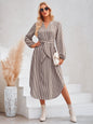 Autumn Winter Women Clothing Casual V neck Striped Lace up Waist Controlled Shirt Dress