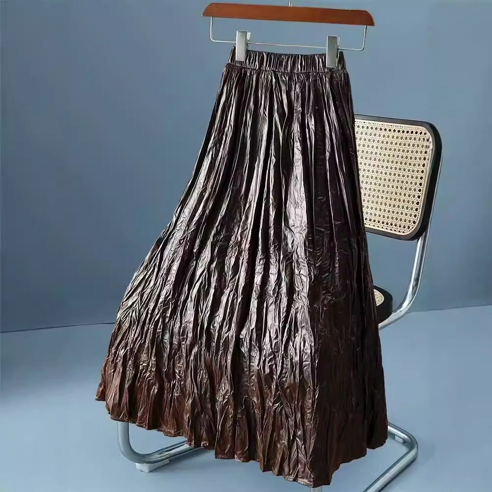 Autumn Pleated High Waist Skirt Women Clothing Leather Skirt Long Pleated A line Skirt