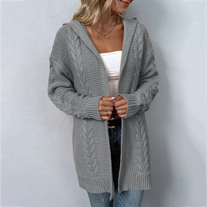 Autumn Winter Solid Color Hooded Twist Knitwear Cardigan Sweater Women Coat