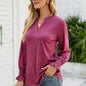 Women Top Autumn Casual V-neck Solid Color Ruffle Sleeve Loose T-shirt for Women