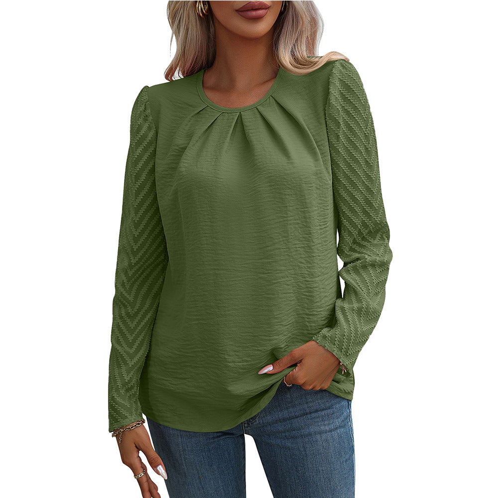 Autumn Women Clothing Round Neck Pleated Chiffon Sheer Long Sleeve Shirt