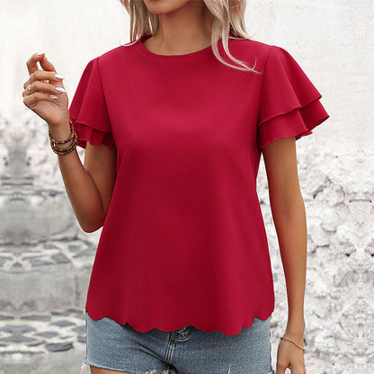 Women Clothing Double Layer Ruffle Sleeve Solid Color Top for Women Summer