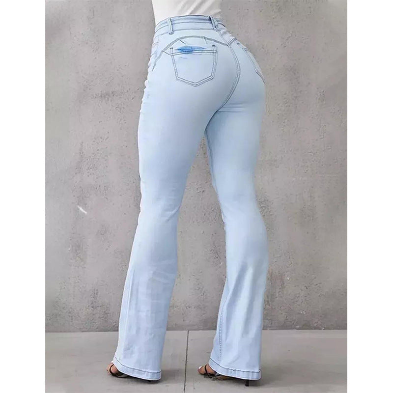 Women Clothing Hip Raise High Waist Slim Flared Jeans