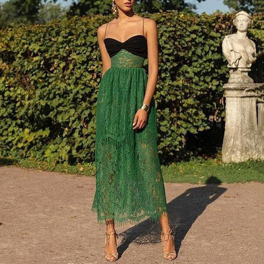 Women Clothing Sexy Suspenders Lace Green Hollow Out Cutout Holiday Mopping Maxi Dress