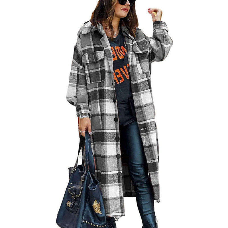 Women Clothing Popular Long Sleeve Loose Plaid Shirt Woolen  Long