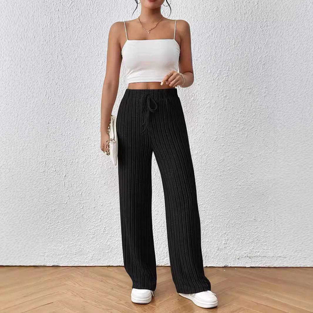 Pants Knot Waist Texture Knitted Wide Leg Trousers Elastic High Waist Solid Color Casual Loose Straight Women Pants