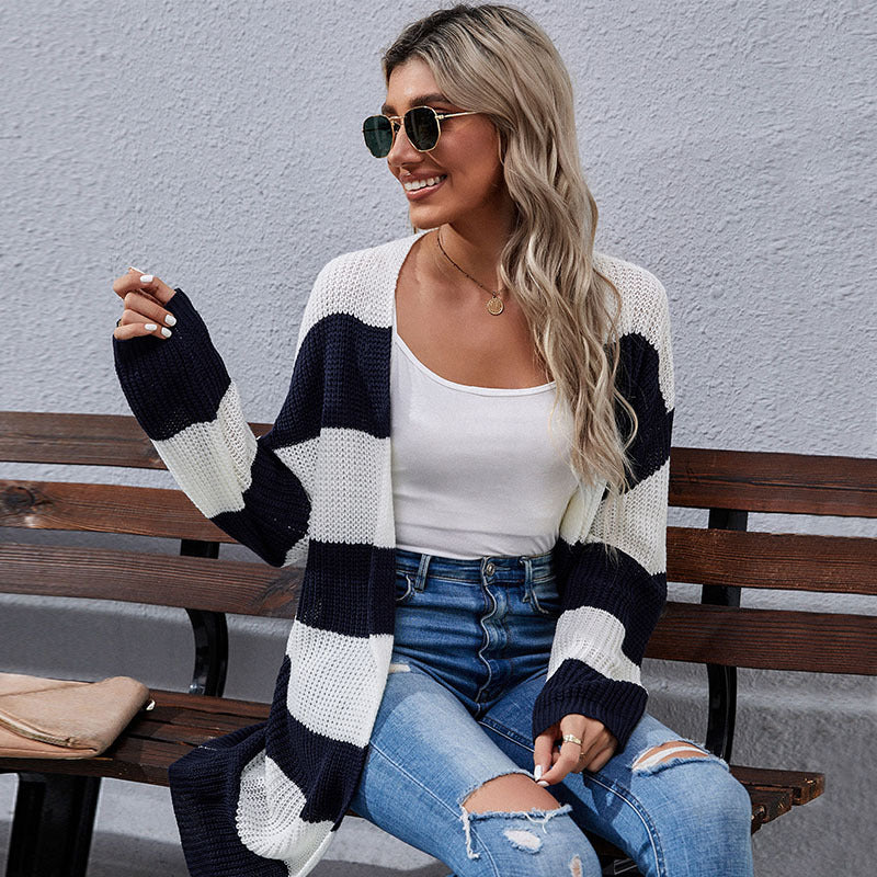 Autumn Winter Women Wear Long Sleeve Striped Cardigan Sweater Coat