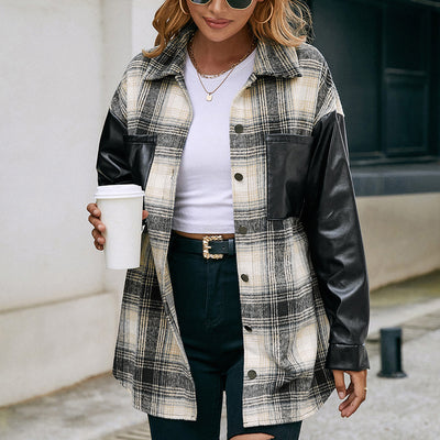 Loose Plaid Color Matching Shirt Casual Double Pocket Plaid Faux Leather Stitching Shacket Women