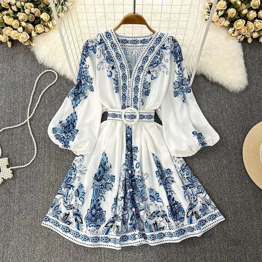 Spring Women Fashionable V neck Long Sleeve Bohemian Printed Dress