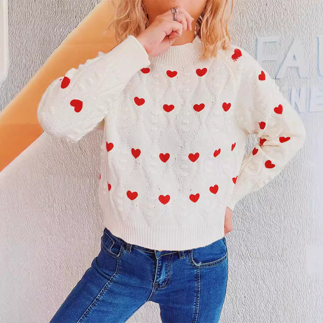 Autumn Winter Love Embroidered Crew Neck Knitted Pullover Cute Simple Office Sweater Top Women