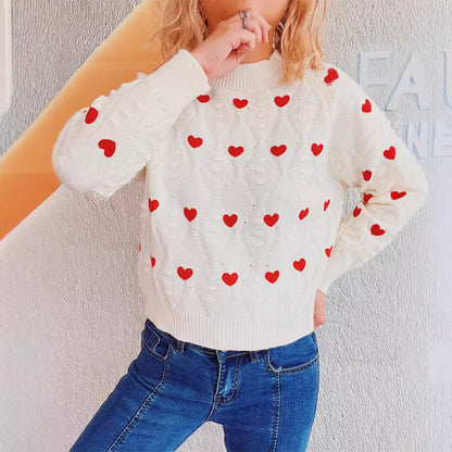 Autumn Winter Love Embroidered Crew Neck Knitted Pullover Cute Simple Office Sweater Top Women