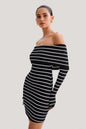 Beach Vacation Off Shoulder Striped Long Sleeve Off Shoulder Collar Knit Casual Short Dress Women