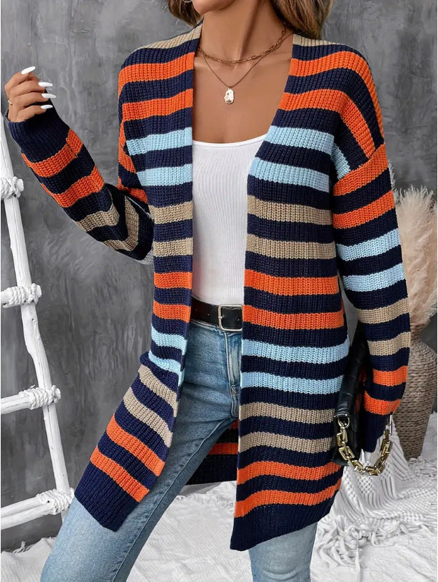 Classic Striped Knitted Coat Women Clothing V neck Long Sleeve Loose Sweater Cardigan Women