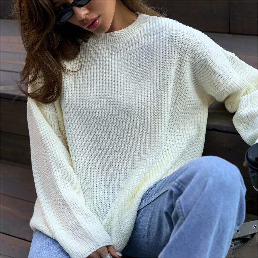 Solid Color round Neck Sweater Spring Autumn Loose Sweater Pullover Sweater for Women