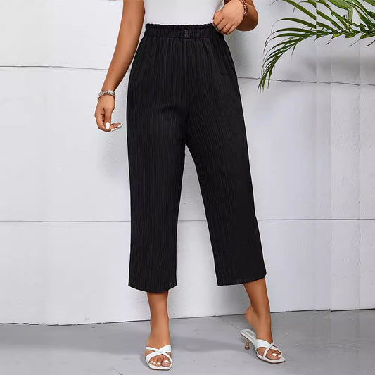 Elegant Pants Button Jacquard Straight Elastic Waist Wide Leg Cropped Pants Solid Color Office Casual Pants Women