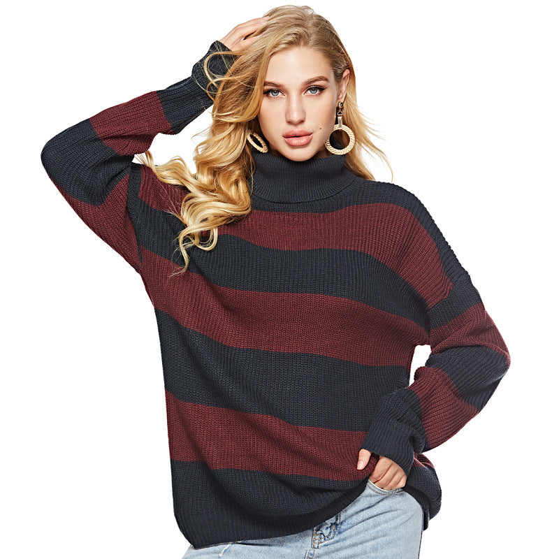 Autumn Winter Casual Striped Turtleneck Knitted Pullover Sweater Women Loose Knitted Bottoming Shirt