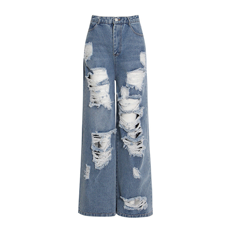 Spring Blue Color High Waist Ripped Wide Leg Pants Slimming Straight Mop Jeans for Women