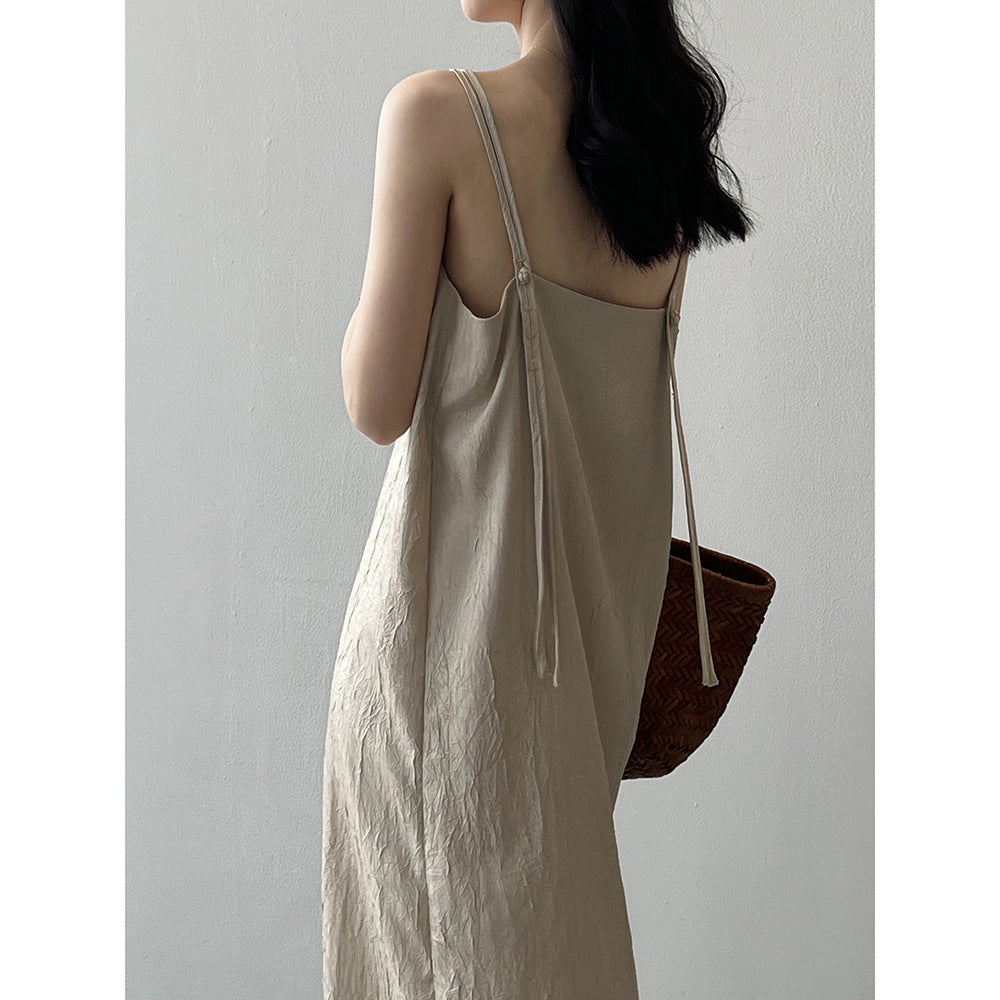 Chinese Traditional Buckle Pleated Suspender Women Summer Loose Maxi Dress