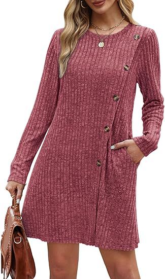 Women Clothing Round Neck Side Button Pocket Long Sleeve Waist Dress