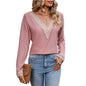 Fall Women Clothing V-neck Golden Lace Solid Color Hole Long Sleeve T-shirt