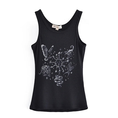 Women Clothing Spring Printed Slim Fit High Elastic Thread Vest