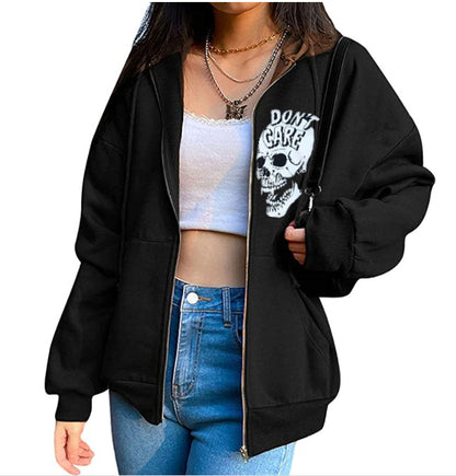 Spring Autumn Casual Hoodie Halloween Skull Print Pullover Double Hooded Top Women